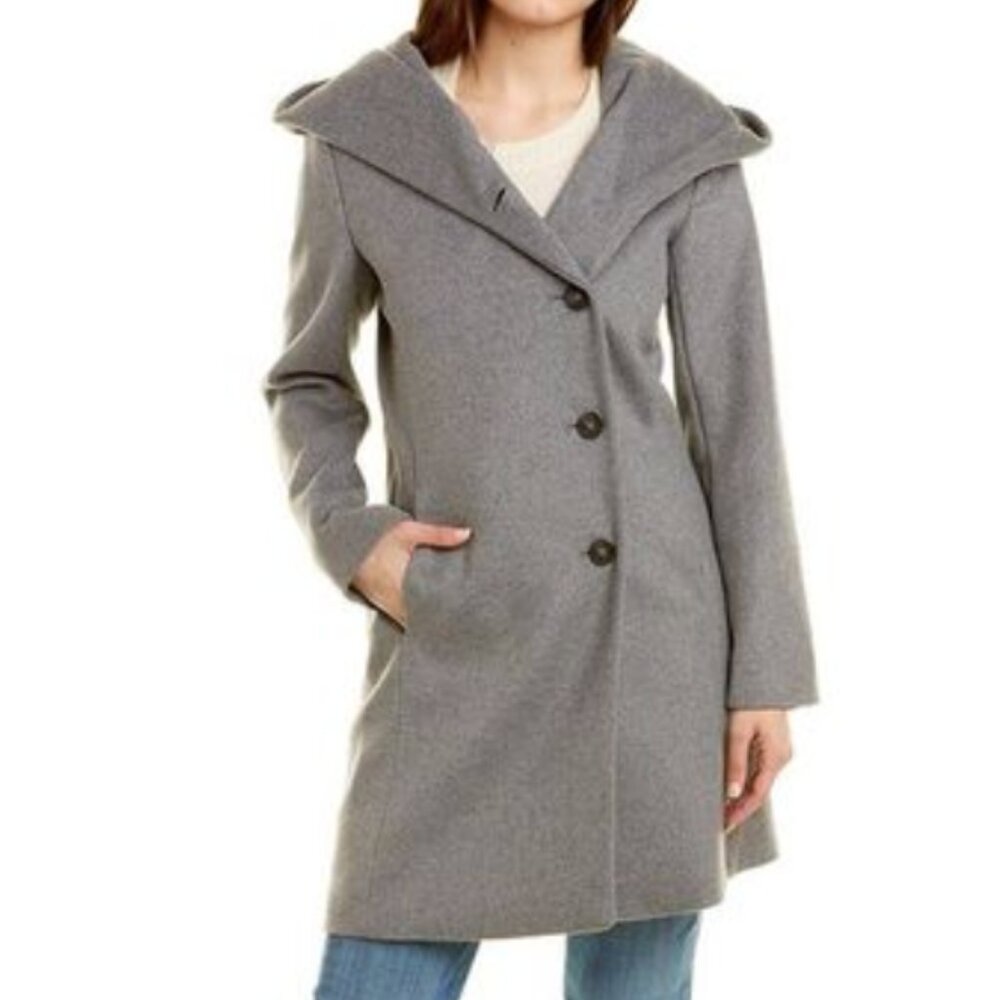 Cole Haan Gray Wool Slick Shawl Button Oversized Hooded Jacket Coat Winter 2 XS